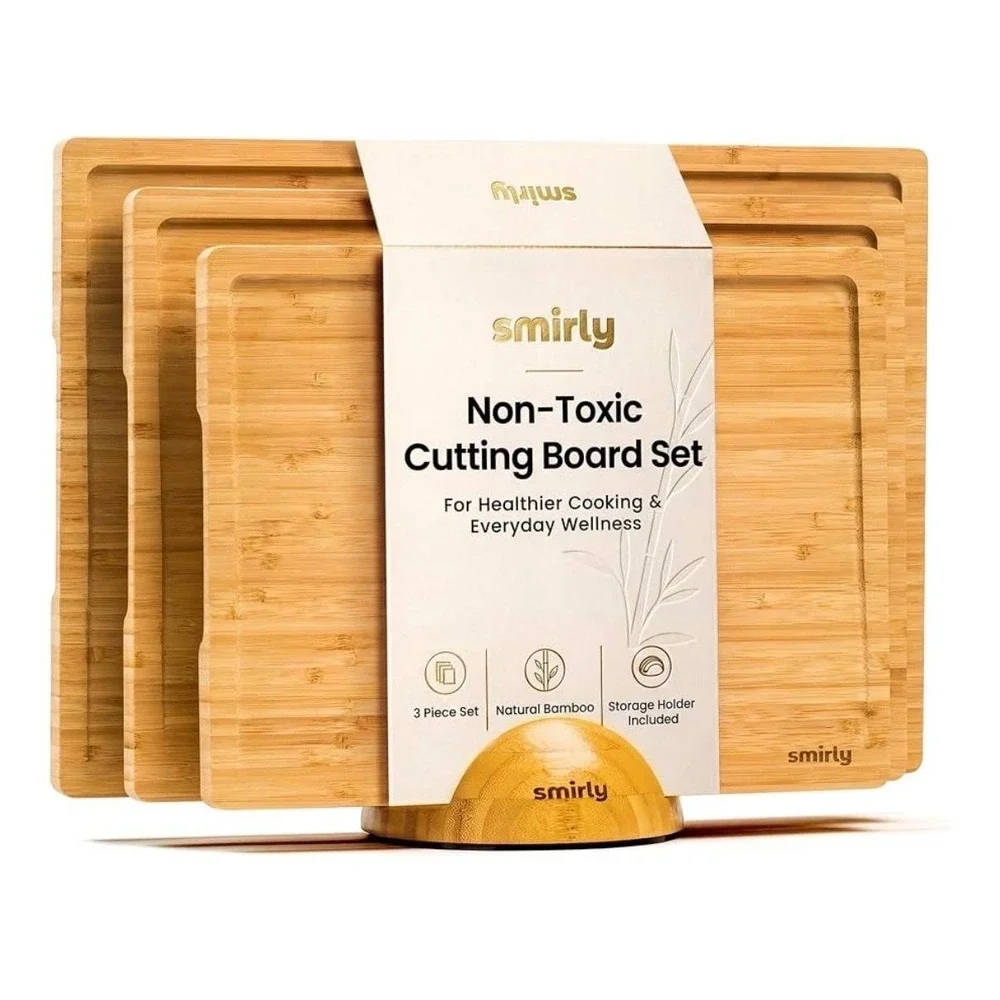 Smirly Non-Toxic Cutting Board Set 3 Piece Bamboo Juice Groove Stand Holder
